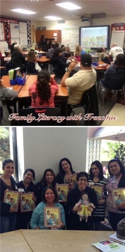 A collage of two pictures with the words family, literacy and transfer
